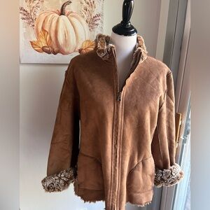 Coldwater Creek coat Faux suede plush lining tan coat women PXL full zip jacket
